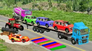 Flatbed Truck McQueen | Transportation with Truck - Pothole vs Car #023  | BeamNG.Drive Gameplay