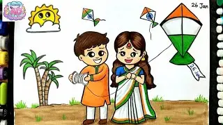 Cute Couple Flying Kite |Republic Day Drawing| Easy Couple Drawing|Easy Drawing For Kids & Beginners