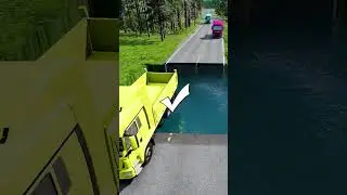 Dump truck vs huge water pit #59 | #carsvswaterpit #doubleflatbedtrailertruckvsspeedbumps