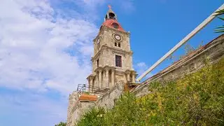 4K Medieval Clock Tower Roloi on the Greek Island of Rhodes, Greece