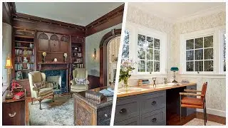 75 Medium Tone Wood Floor And Wallpaper Home Office Design Ideas You'll Love 🔴