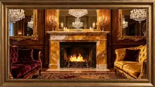 Grand Fireplace Room. Gold framed Vintage Landscape art screensaver. 4k TV Painting background.