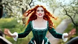 Cute redhead is riding on a flying dragon