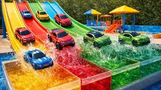 Yellow Colors Toy Vehicles For Toddlers / Toy Cars Falling Into Red,Green And Yellow Water
