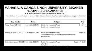 #MGSU M.A. (PUBLIC ADMINSTRATION) FINAL YEAR EXAM TIME-TABLE, 2021 ||