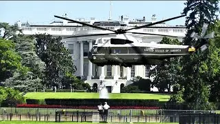 US President helicopter Marine One (Sikorsky VH-3D Sea King) landing at White House, Washington DC