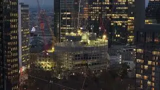 High angle view of a new skyscraper in financial district of Frankfurt am Main, Germany, surrounded