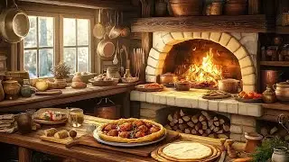 Warm Kitchen | Cozy Winter Morning with Crackling Fire , Sound of boiling water and Cooking Sounds