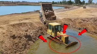 Excellent Mini Bulldozer in Action! Perfectly Pushing Soil to Fill Construction Lake