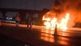 Semi-trailer destroyed after being engulfed in flames along Oklahoma City highway