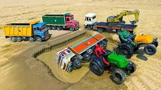 Volvo Tipper Accident in River Rescue Auto Rickshaw Mahindra Tractor #tractorrescue #toyvideo #kids