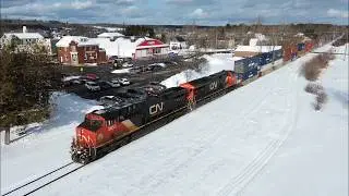 Awesome Aerial 4K View! Manifest Train CN 594 West w/Intermodal Containers passing Petitcodiac, NB
