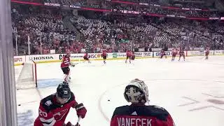 NJ Devils ON THE GLASS Akira Schmid Warming Up Before Game 5 vs. NY Rangers