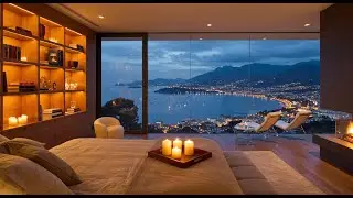 Luxury Bedroom Ambience | Ocean View at Night | Relaxing Fireplace & City Sounds