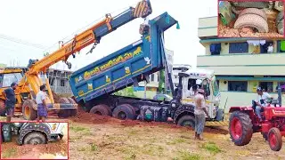 Heavy Loaded Truck Stuck in Mud - Truck Wheels Slip - Truck Driver Struggling - Tractor Crane Rescue