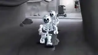 Two Lego skeletons dance to a rock song