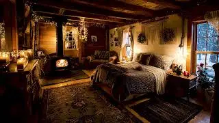 Winter Forest Cabin Escape with Crackling Logs and Distant Snowstorm for Restful Sleep