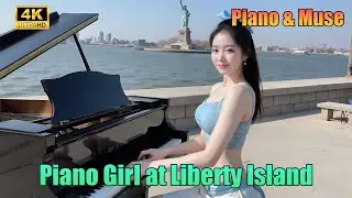 AI Girl Plays Piano at Statue of Liberty&rsquo;s Foot 🎹🗽 | 4K Elegance & Ocean Breeze