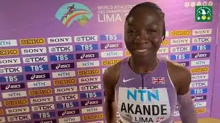 Great Britain's Mabel Akande speaks after her 4th place finish in her 100m semifinal race