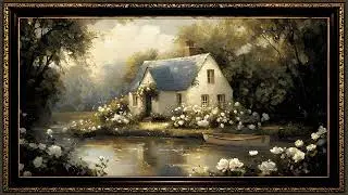 Lake Cottage with Roses Garden, Moody Oil Painting 4K UHD | Framed Art TV Screensaver