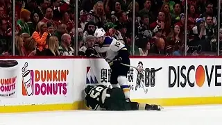 Haula slow to leave the ice after getting dropped into the boards by Upshall