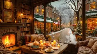 Relaxing Winter at Cafe Jazz Ambience ☕ Crackling Fireplace & Gentle Snowfall for Relax & Study