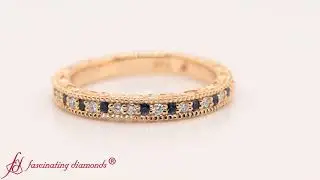 Milgrain Hand Engraved Diamond Wedding Band With Sapphire In Yellow Gold