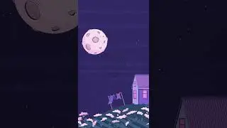 Tranquil night countryside with house and moon lofi vertical animation