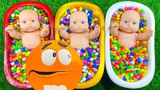ASMR Video Satisfying with Full of 3 Rainbow BathTubs Candy with M&M's & Magic Slime Cutting Video