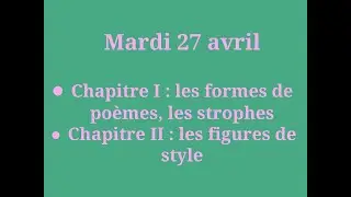 mardi 27 avril : Chapitre I Les formes fixes de po&egrave;mes, les strophes.