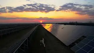 Aerial View of Solar Panel, Sunrise, Solar Energy