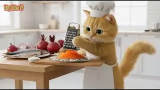 The cat is preparing the festive salad 