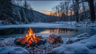 Fall Asleep Fast 😴 Misty Winter Campfire by the Lake with Forest Reflections & Cozy Ambience