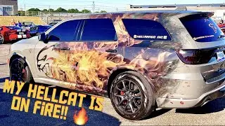 MY HELLCAT CAUGHT ON FIRE!!  1 of 1 Crazy Wrap Debut At Cars & Coffee M1 Concourse Michigan #viral