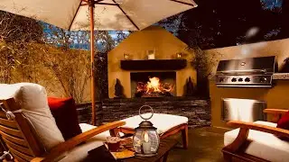 Patio Night Rain Ambience w/ Rain on Umbrella Noise & Fireplace | Cozy Backyard Porch Ambience