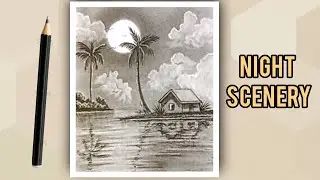 Easy Charcoal Drawing of Night Scenery | Moonlight Reflection & Village Hut Sketch for Beginners
