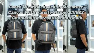 MG Review: Coach West Backpack In Signature Canvas With Varsity Stripe - CV922(Charcoal/Denim/Chalk)