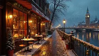 ❄️ Winter Jazz Café by the Riverside | Cozy Lights, Falling Snow & European Night Ambience ☕🎷
