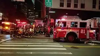 FDNY Staging On Scene Of A 6 Alarm Fire On Chambers Street In Lower Manhattan, New York
