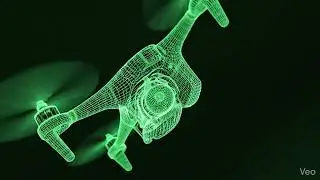 A futuristic 3D wireframe visualization of a drone flying, showing its structure, motion
