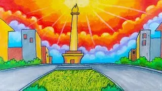 Cara menggambar dan mewarnai tugu monas || Menggambar pemandangan tugu monas