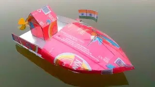 How to make a Racing Speed Boat  Easy Way | Thermocol & Kingfisher can electric boat | PKB IDEAS |
