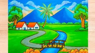 How to Draw a Beautiful Village Landscape with River dan Bridge | Easy Step-by-Step Tutorial