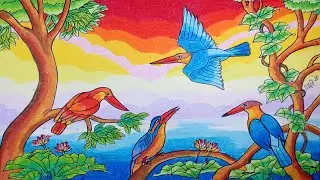 Cara Menggambar burung Stork Billed Kingfisher Dan Pemandangan Dengan  Crayon/Oil Pastel