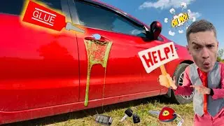 A car with taped door handles and a fun racer