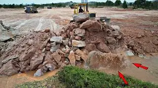 Epic Landfill Transformation 25.5Ton Dump Truck Unload Rock as Bulldozers Push It Into Water