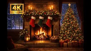 Cozy Christmas Fireplace 🎄 4K | Crackling Fire Sound | Snowy Night | Relax, Sleep, Study