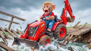 🐒🚜 Monkey Nana Uses a JCB to Rebuild the Broken Bridge After the Storm! 🌧️🌉💪