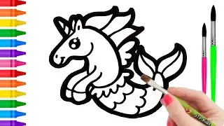 Draw and Color Unicorn Sea Horse Drawing for Kids and Toddlers | Sea Horse Drawing for Kids