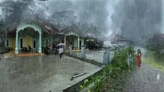 Walking Under Heavy Rain and Thunderstorm with Strong Wind in Quiet Village ASMR 4K Video 580